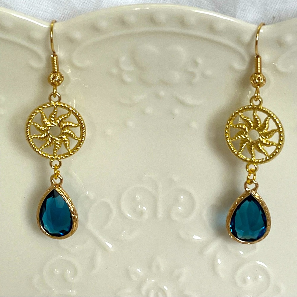 Blue Teardrop Gold Sun Handmade Dangle Earrings